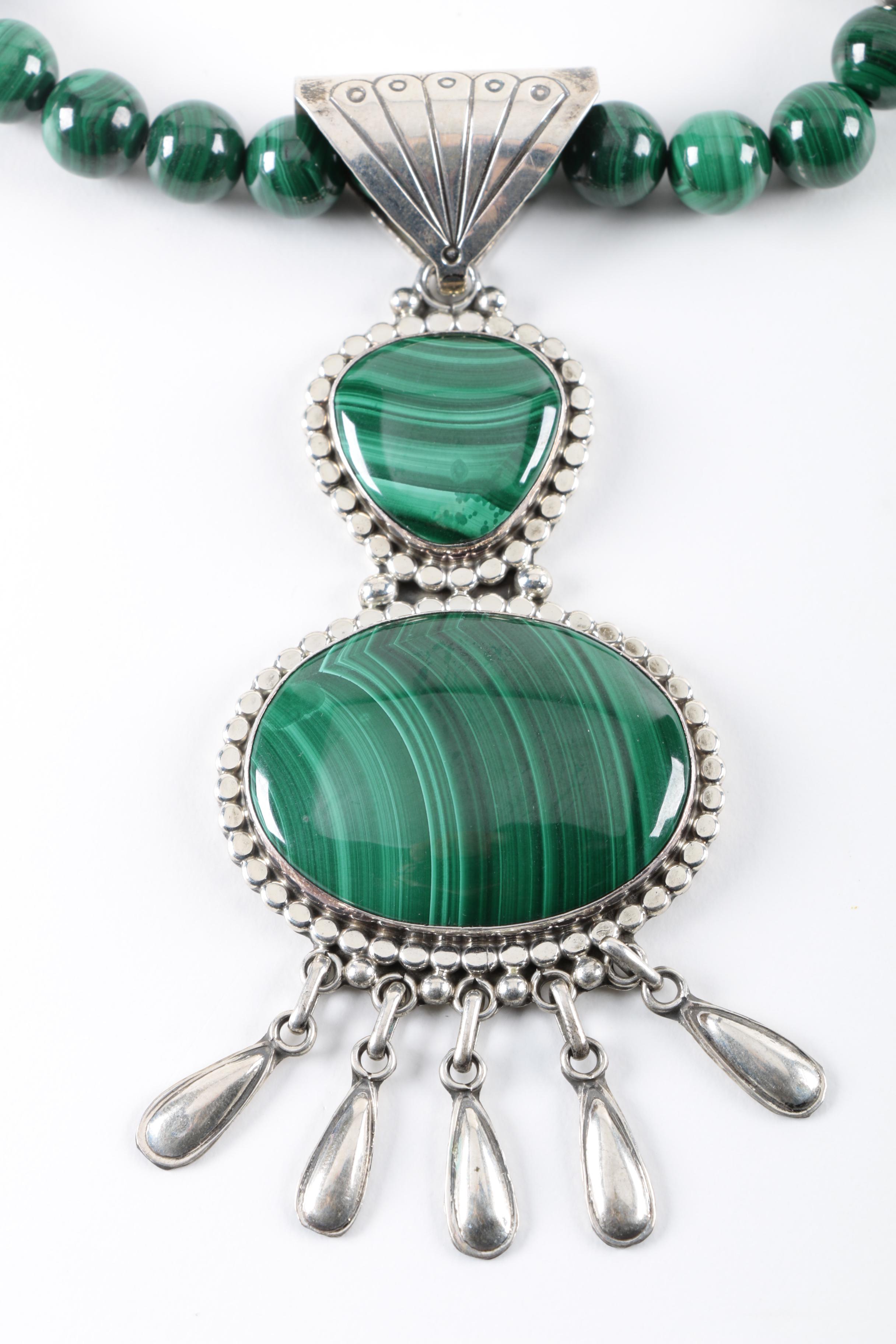 Raymond Delgarito for Running Bear Shop Sterling Silver Malachite Necklace