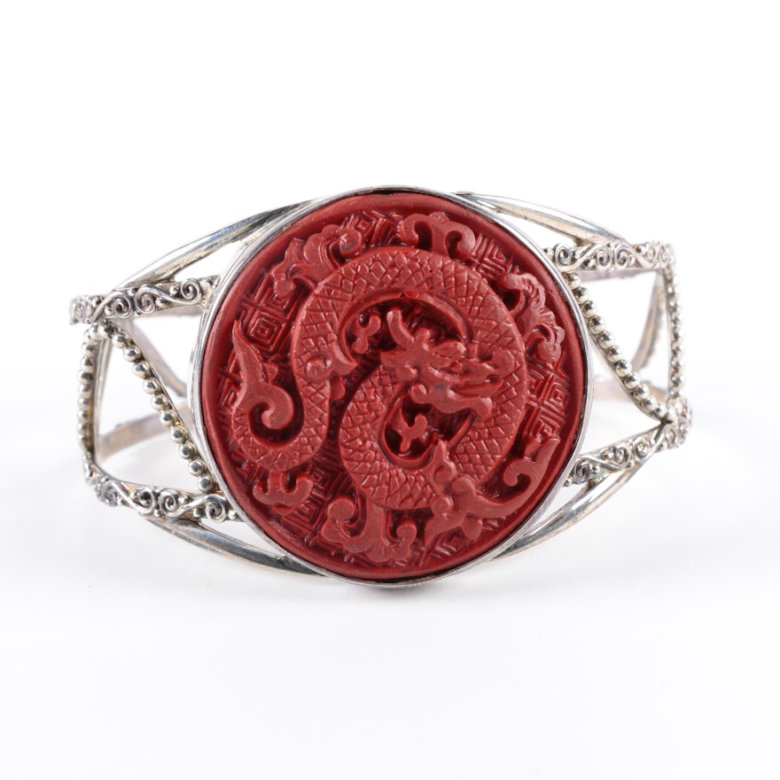 Sterling Silver Cinnabar Carved Dragon Bracelet