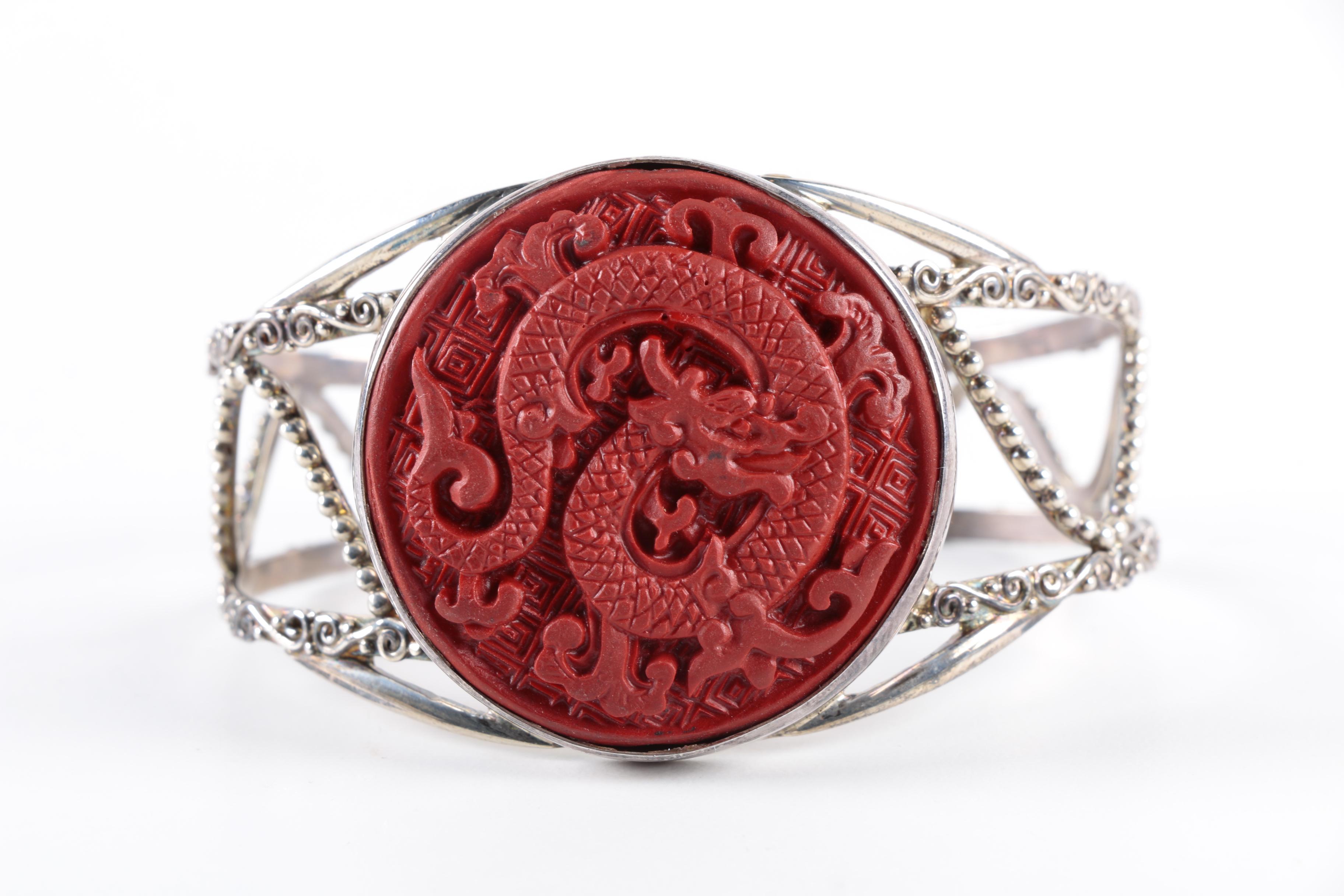 Sterling Silver Cinnabar Carved Dragon Bracelet