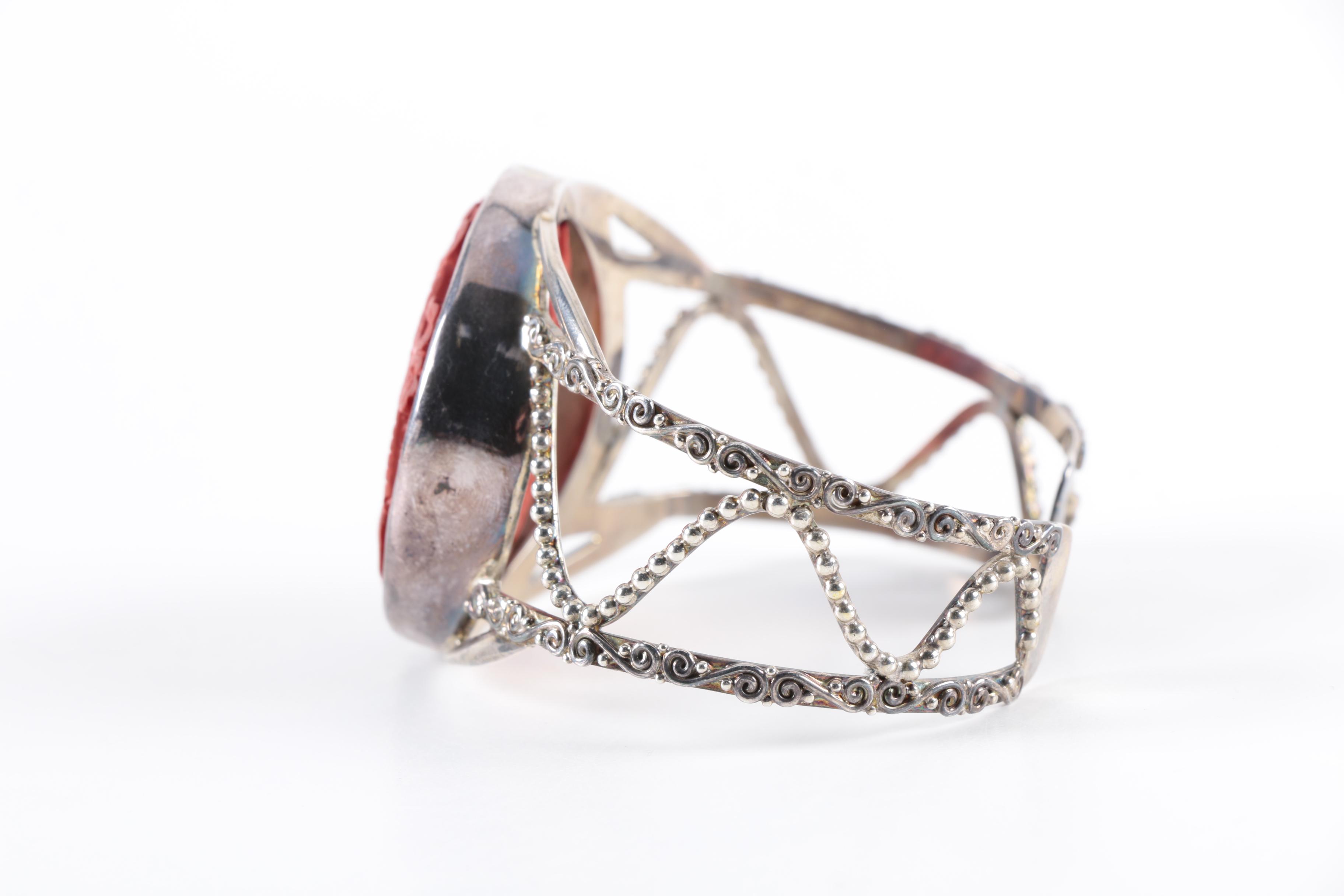 Sterling Silver Cinnabar Carved Dragon Bracelet