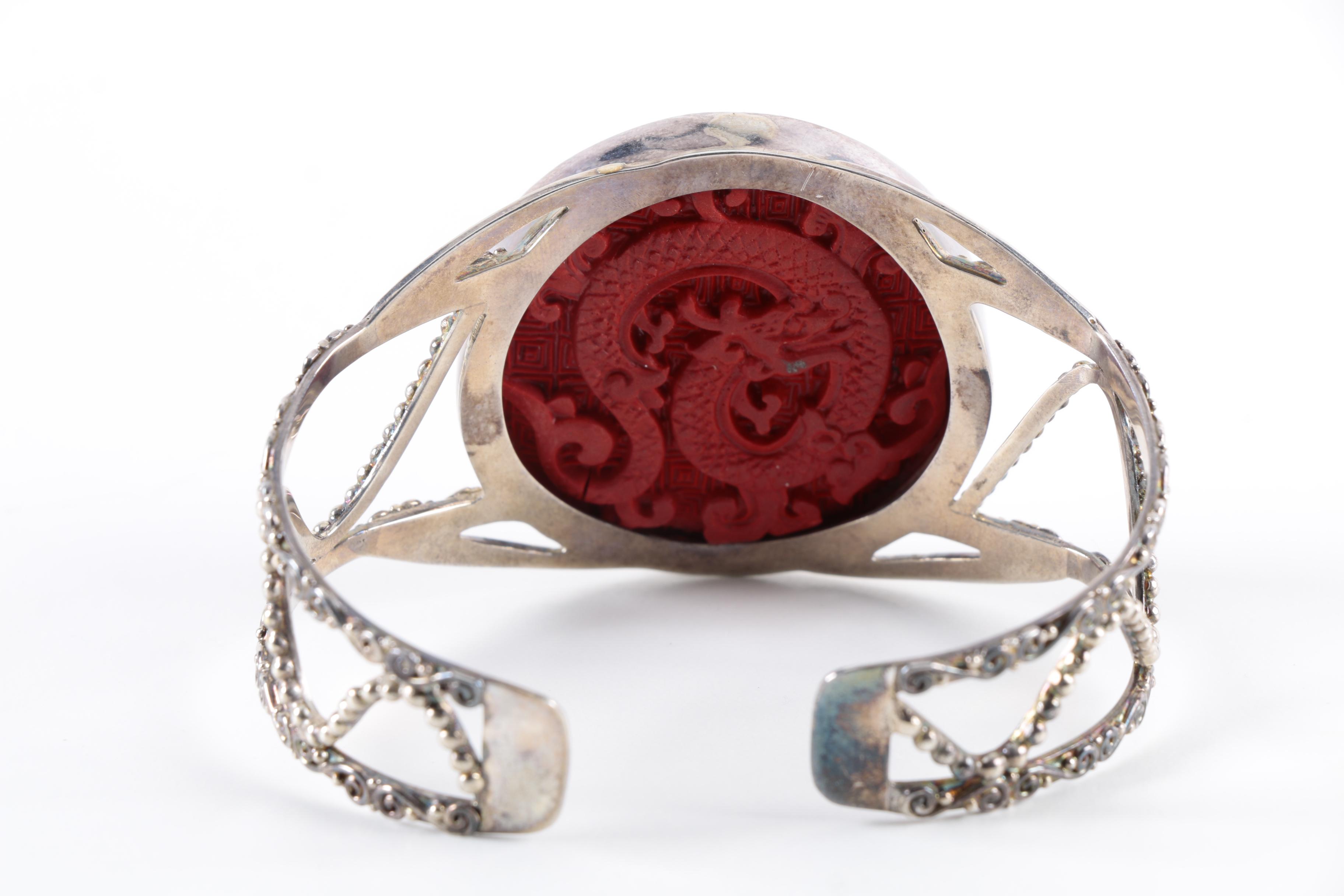 Sterling Silver Cinnabar Carved Dragon Bracelet