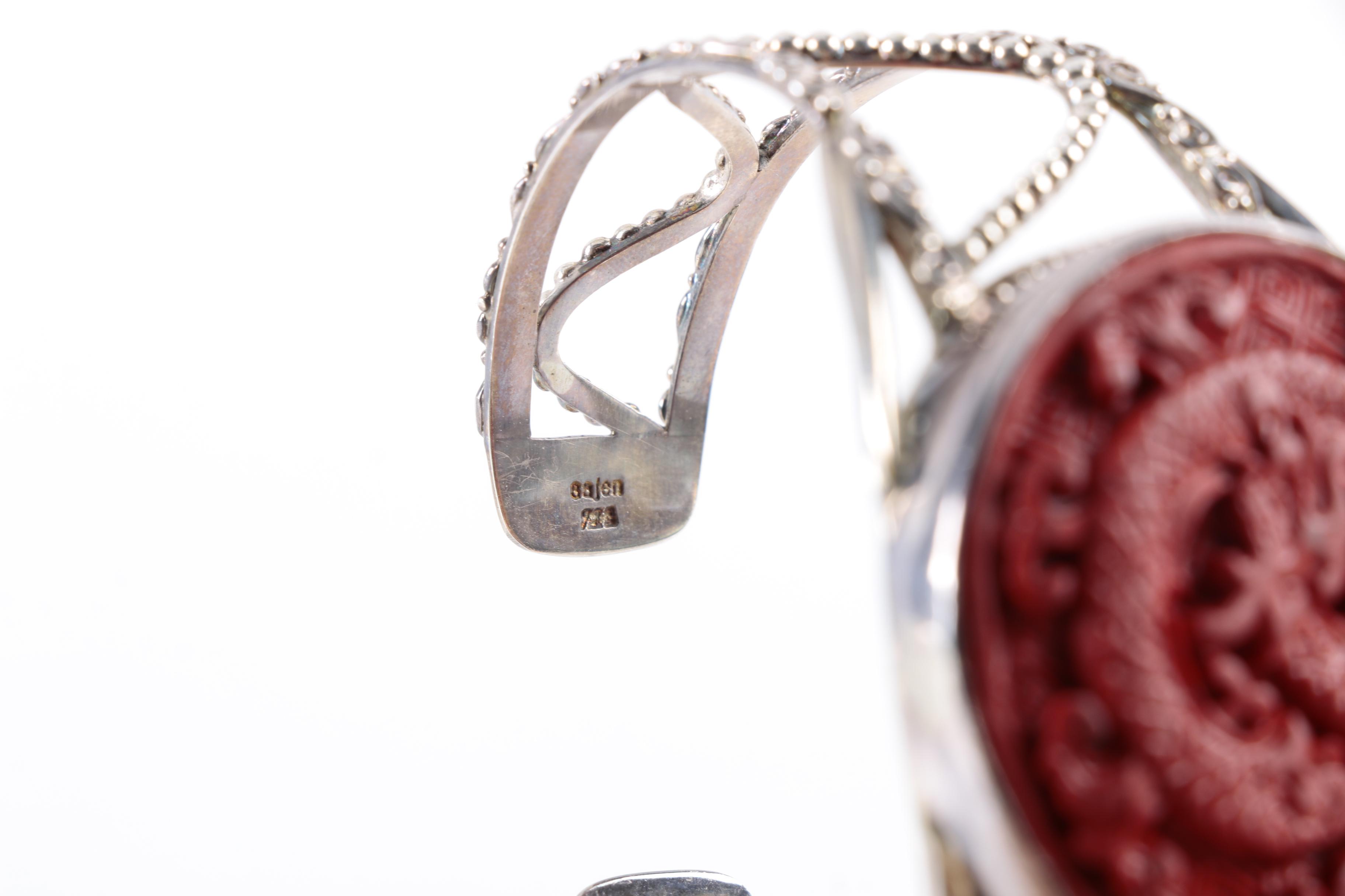 Sterling Silver Cinnabar Carved Dragon Bracelet