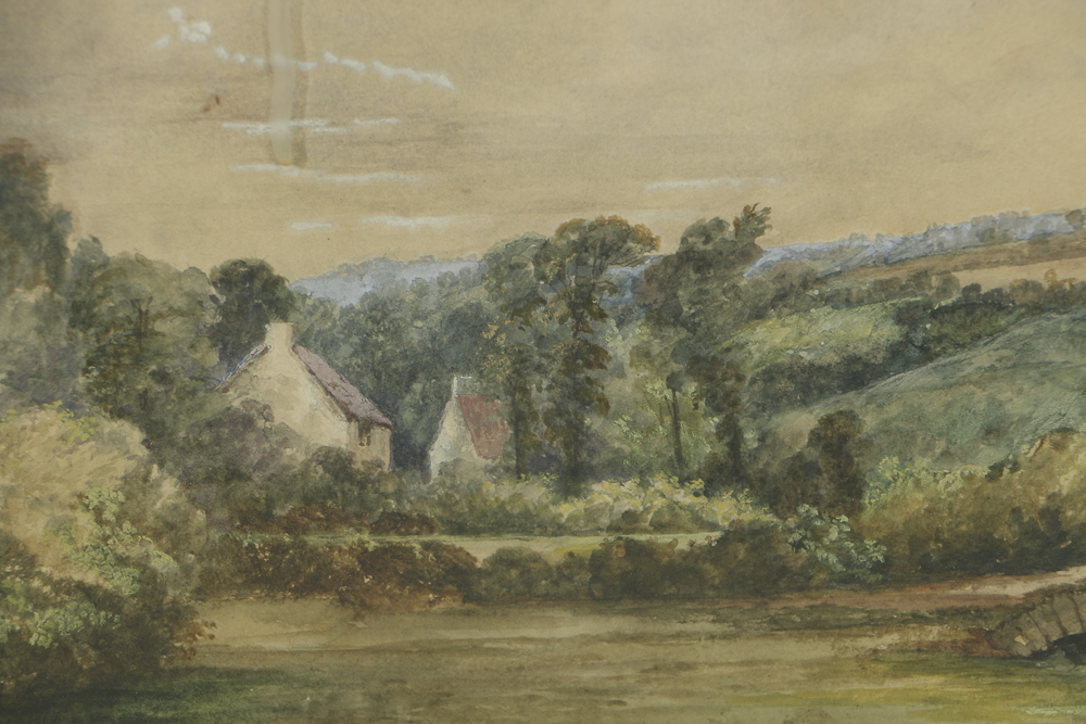 Gouache and Watercolor Painting on Paper of Verdant Landscape