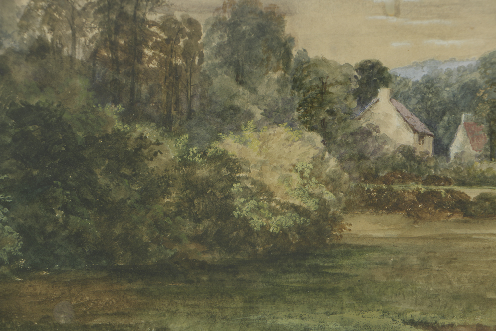 Gouache and Watercolor Painting on Paper of Verdant Landscape