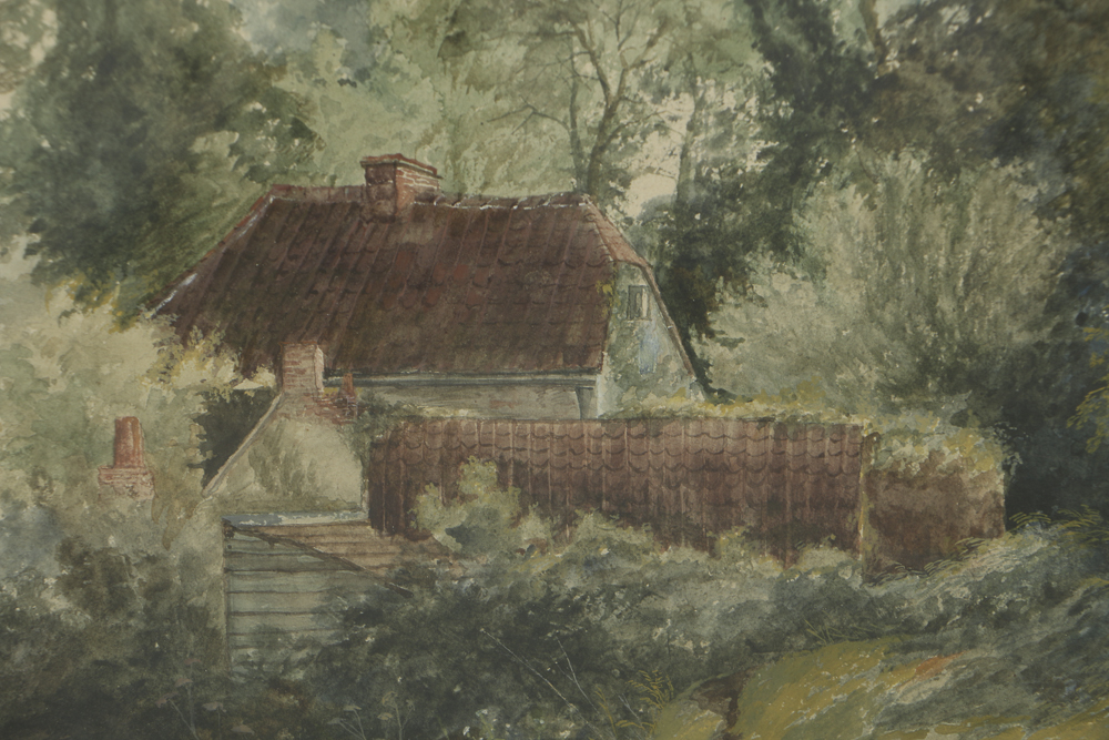 Gouache and Watercolor Painting on Paper of Lush Cottage Scene
