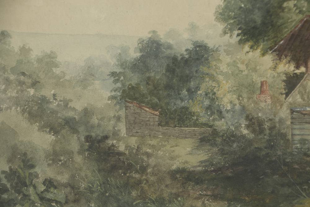 Gouache and Watercolor Painting on Paper of Lush Cottage Scene