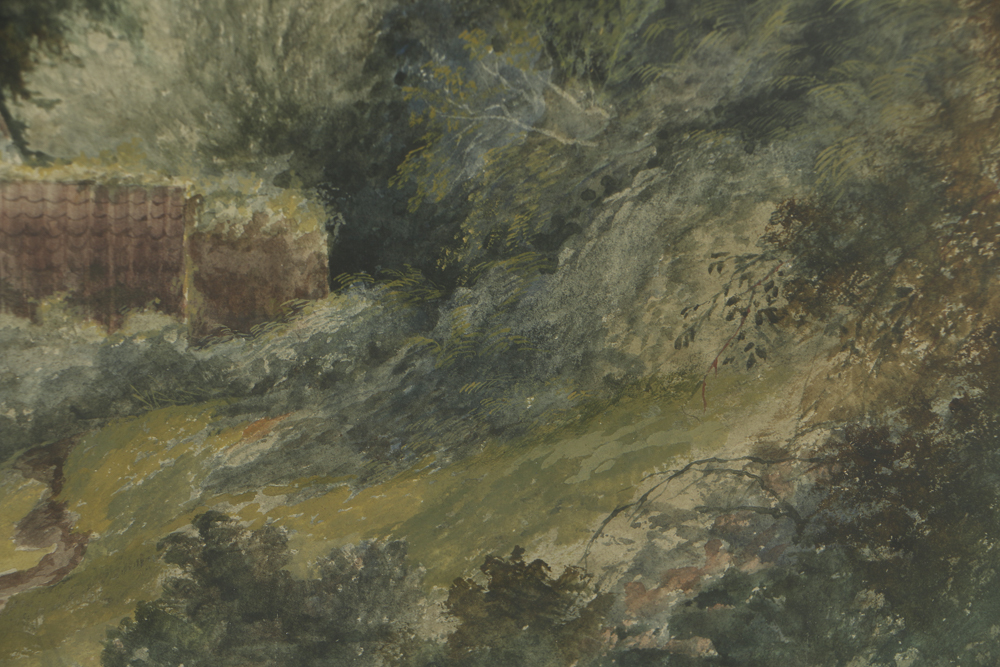 Gouache and Watercolor Painting on Paper of Lush Cottage Scene