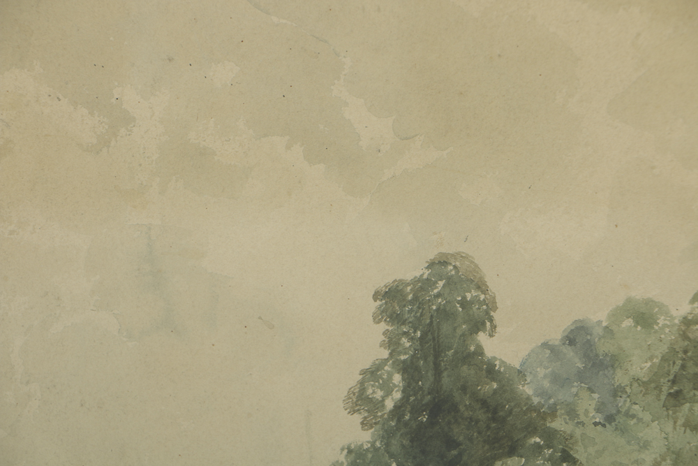 Gouache and Watercolor Painting on Paper of Lush Cottage Scene