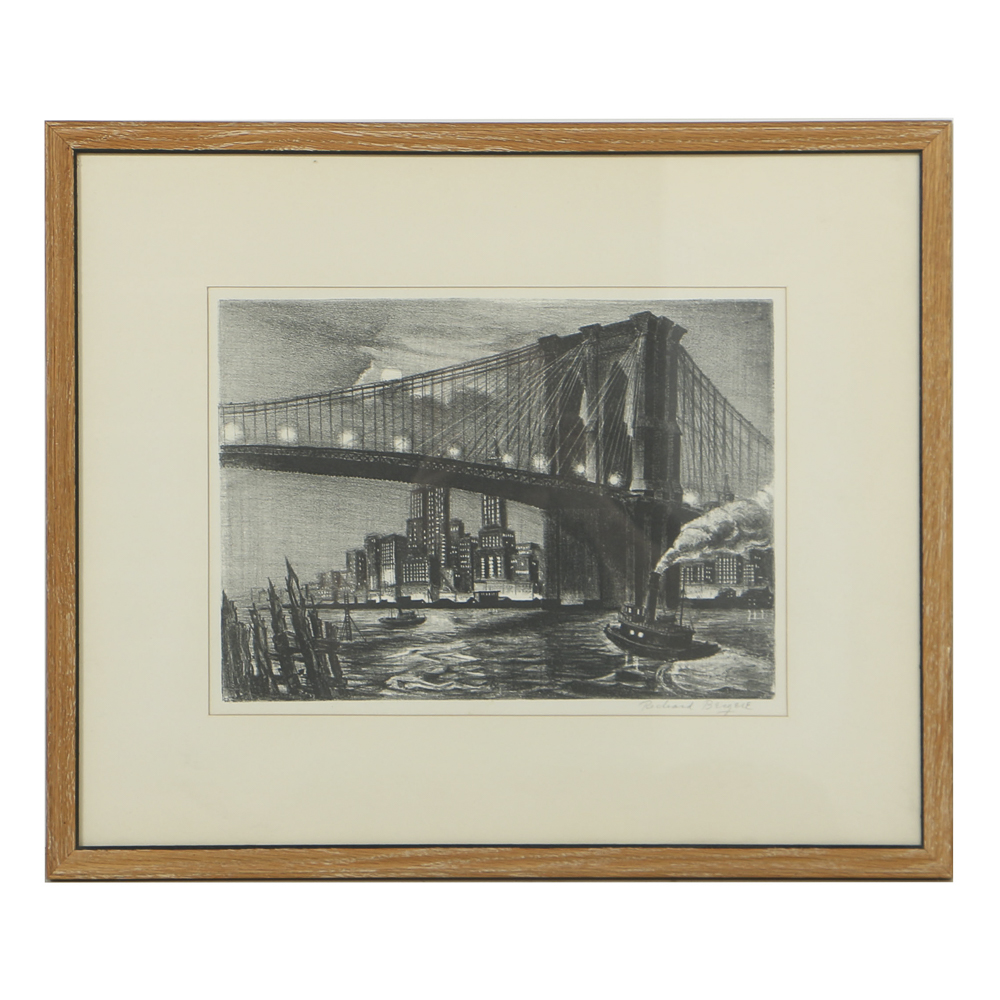 Richard Bergere Lithograph on Paper "Twilight over Brooklyn Bridge"