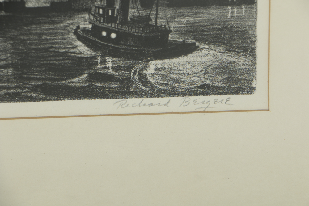 Richard Bergere Lithograph on Paper "Twilight over Brooklyn Bridge"