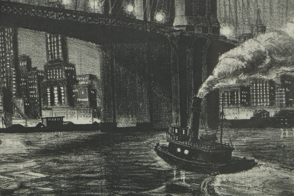 Richard Bergere Lithograph on Paper "Twilight over Brooklyn Bridge"