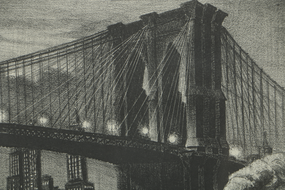 Richard Bergere Lithograph on Paper "Twilight over Brooklyn Bridge"