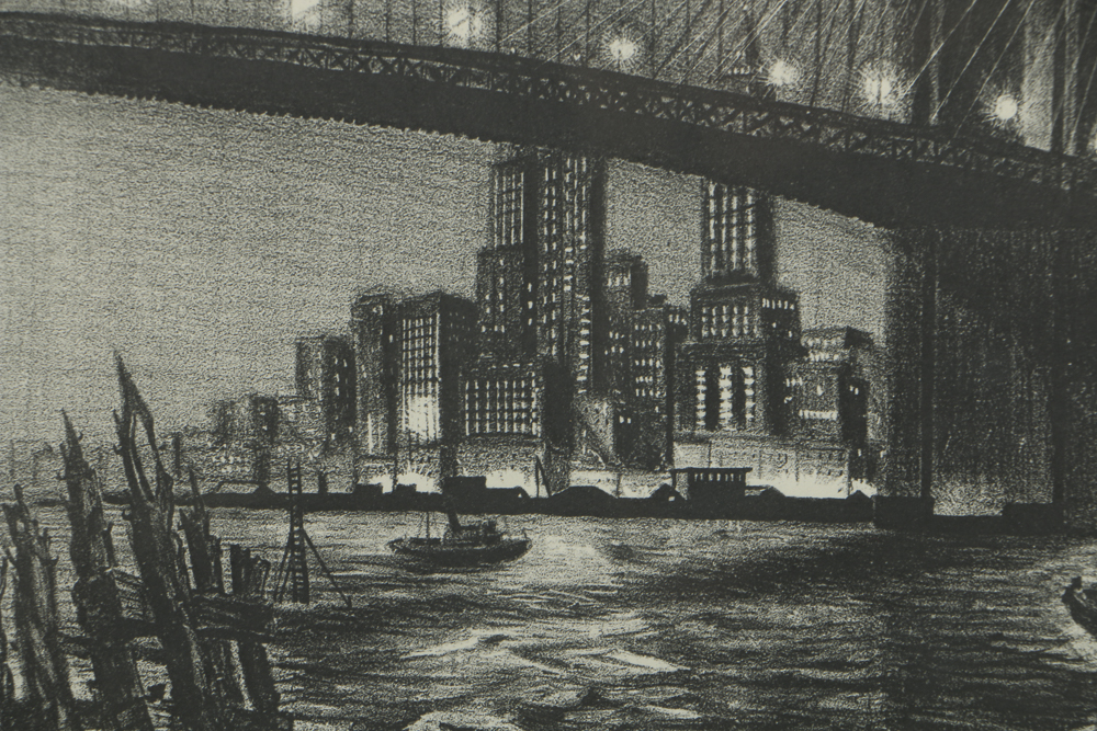 Richard Bergere Lithograph on Paper "Twilight over Brooklyn Bridge"