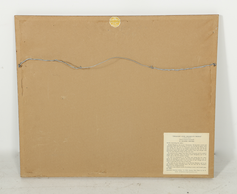 Richard Bergere Lithograph on Paper "Twilight over Brooklyn Bridge"