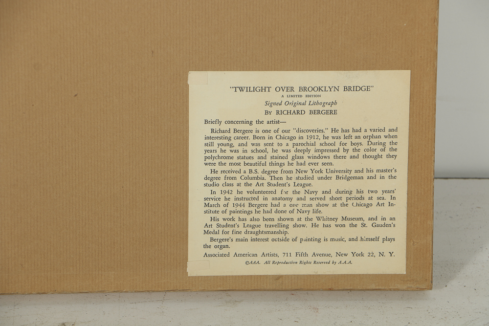 Richard Bergere Lithograph on Paper "Twilight over Brooklyn Bridge"