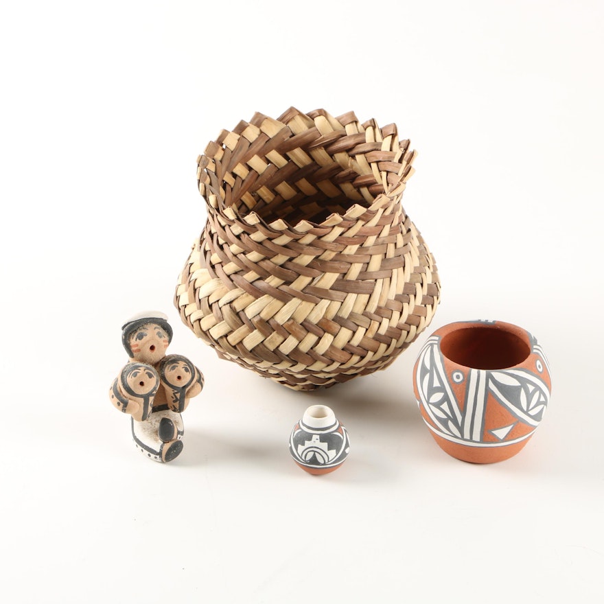 Pottery Figurines and Woven Basket