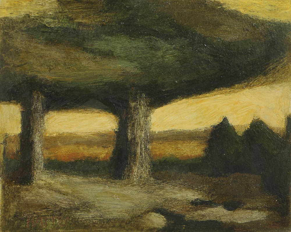 Edgar Hatten Oil Painting on Board "Two Trees & Two Bushes"