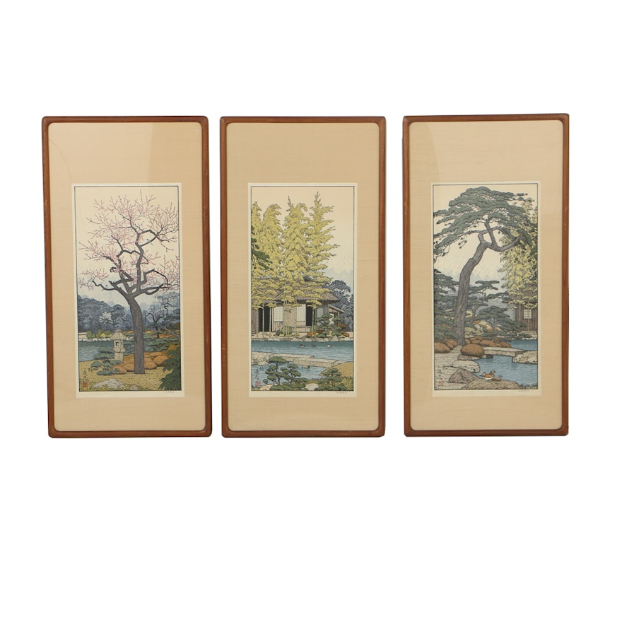 Toshi Yoshida Woodblocks on Paper the Friendly Garden Triptych