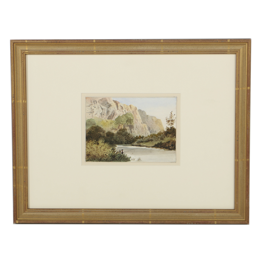 Attributed to George Shepherd Watercolor on Paper Stream Landscape