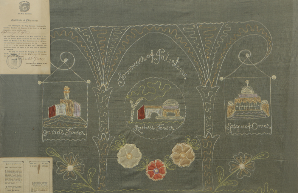 Souvenir Embroidery Work with Certificates of Pilgrimage from Jerusalem
