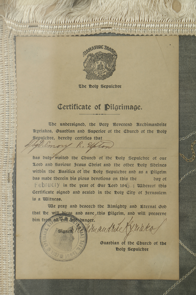 Souvenir Embroidery Work with Certificates of Pilgrimage from Jerusalem