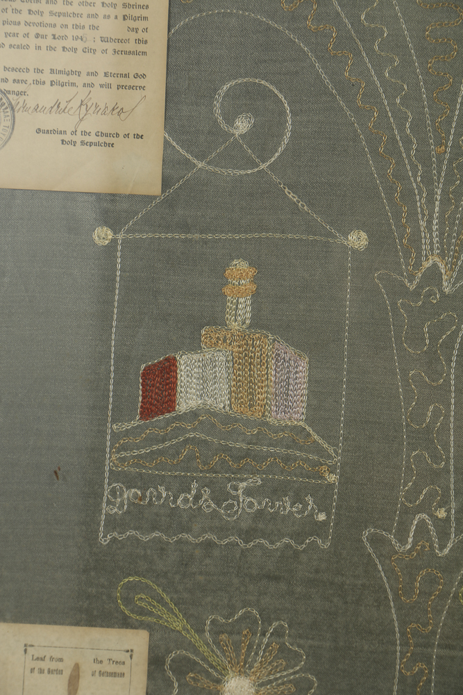 Souvenir Embroidery Work with Certificates of Pilgrimage from Jerusalem