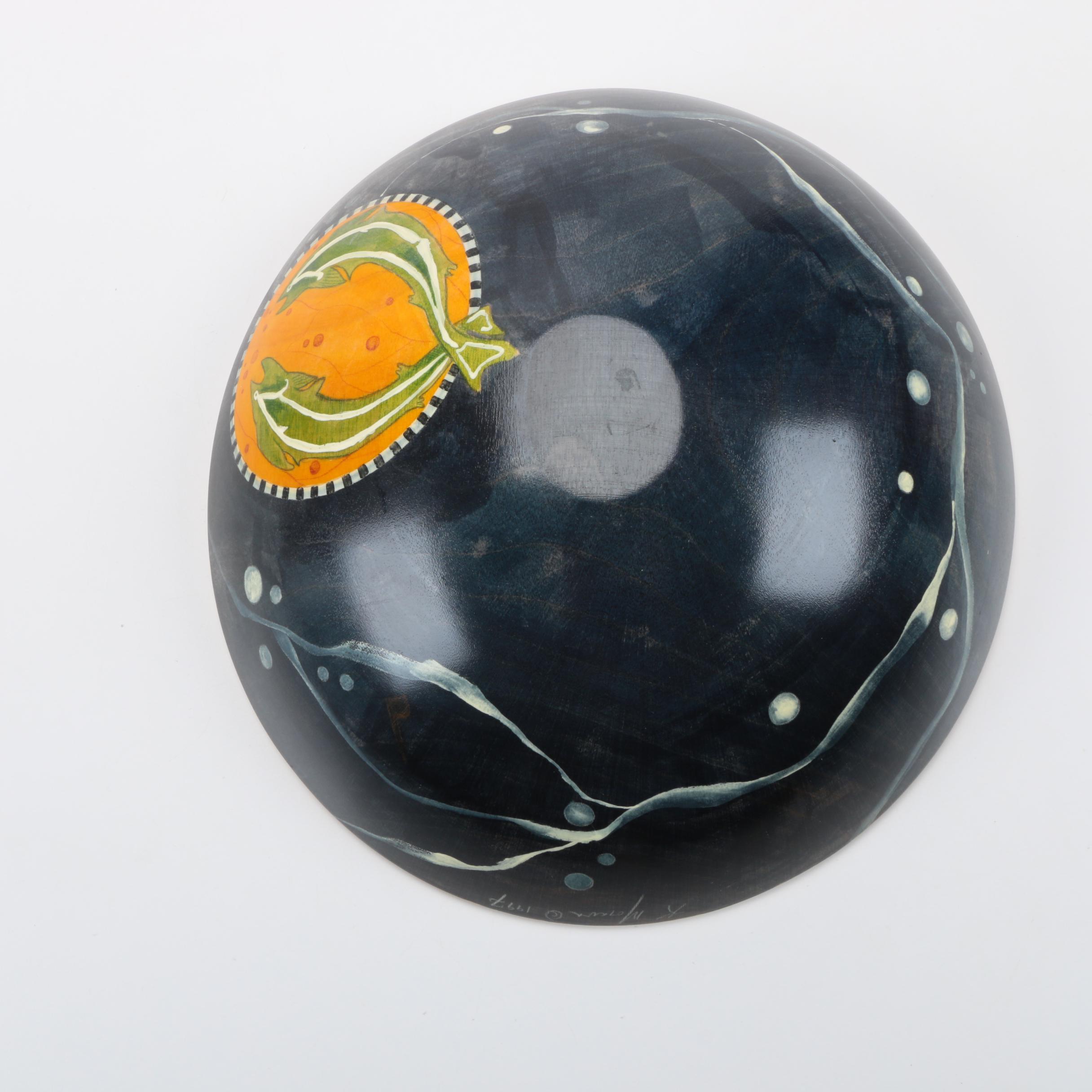Koi Motif Hand Painted Wooden Bowl Signed by Artist