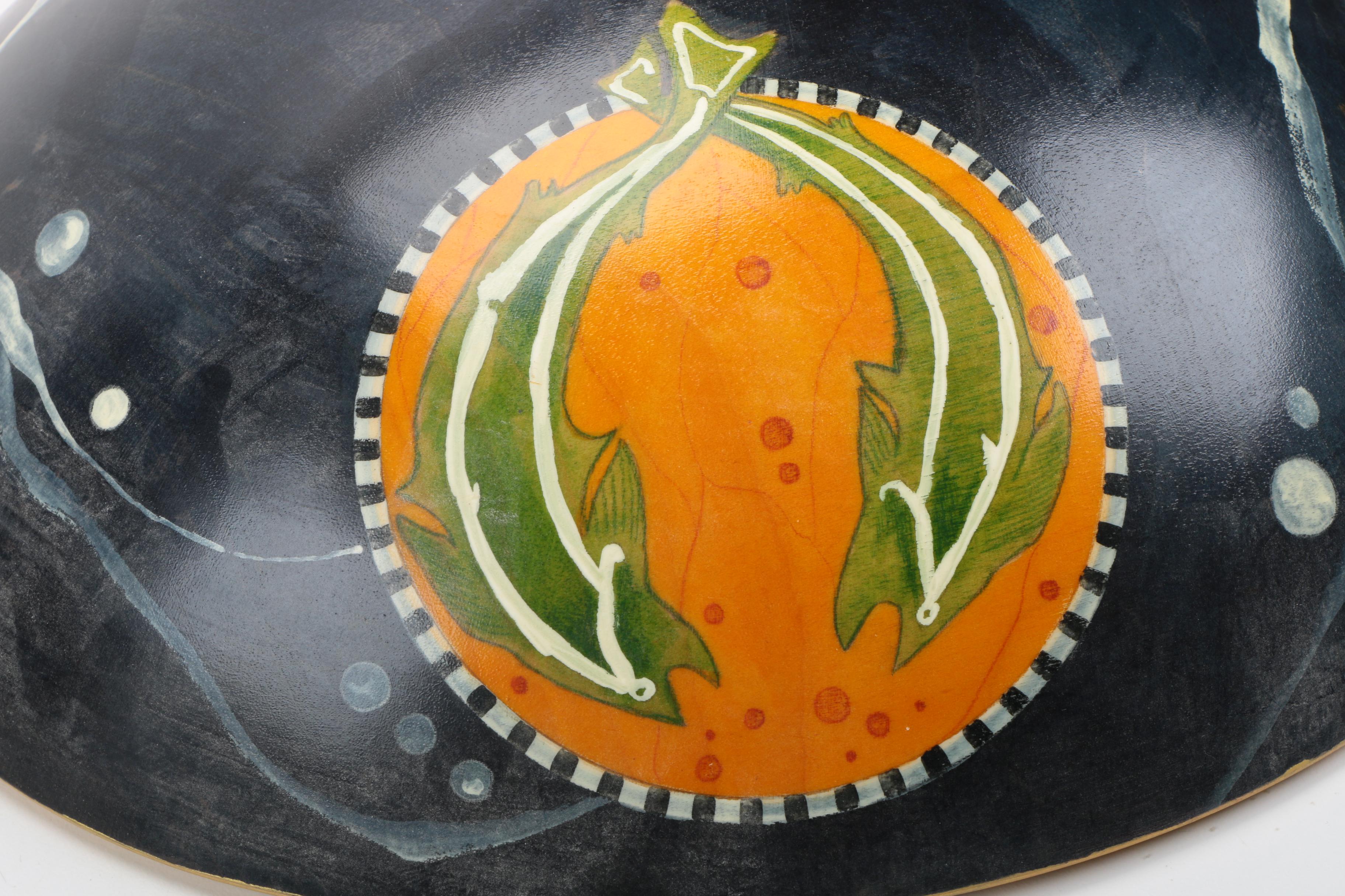 Koi Motif Hand Painted Wooden Bowl Signed by Artist