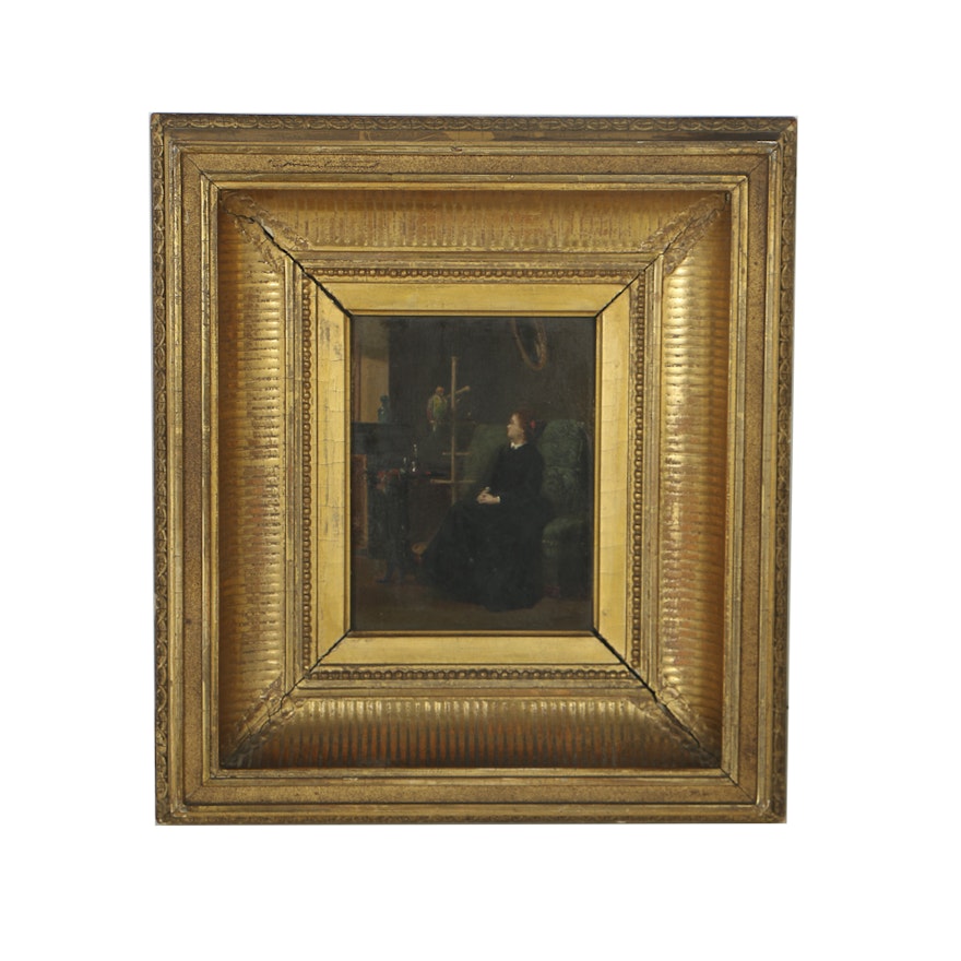 19th-Century Oil Painting on Panel Interior Genre Scene