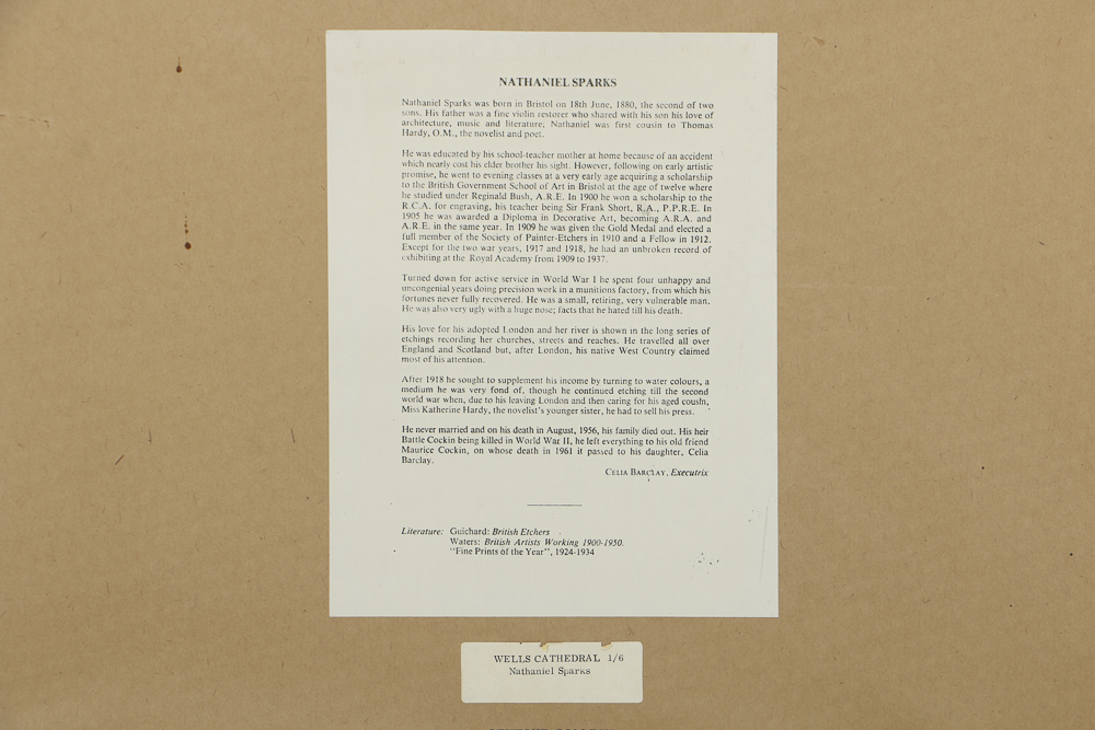 Nathaniel Sparks Etching on Paper "Wells Cathedral"