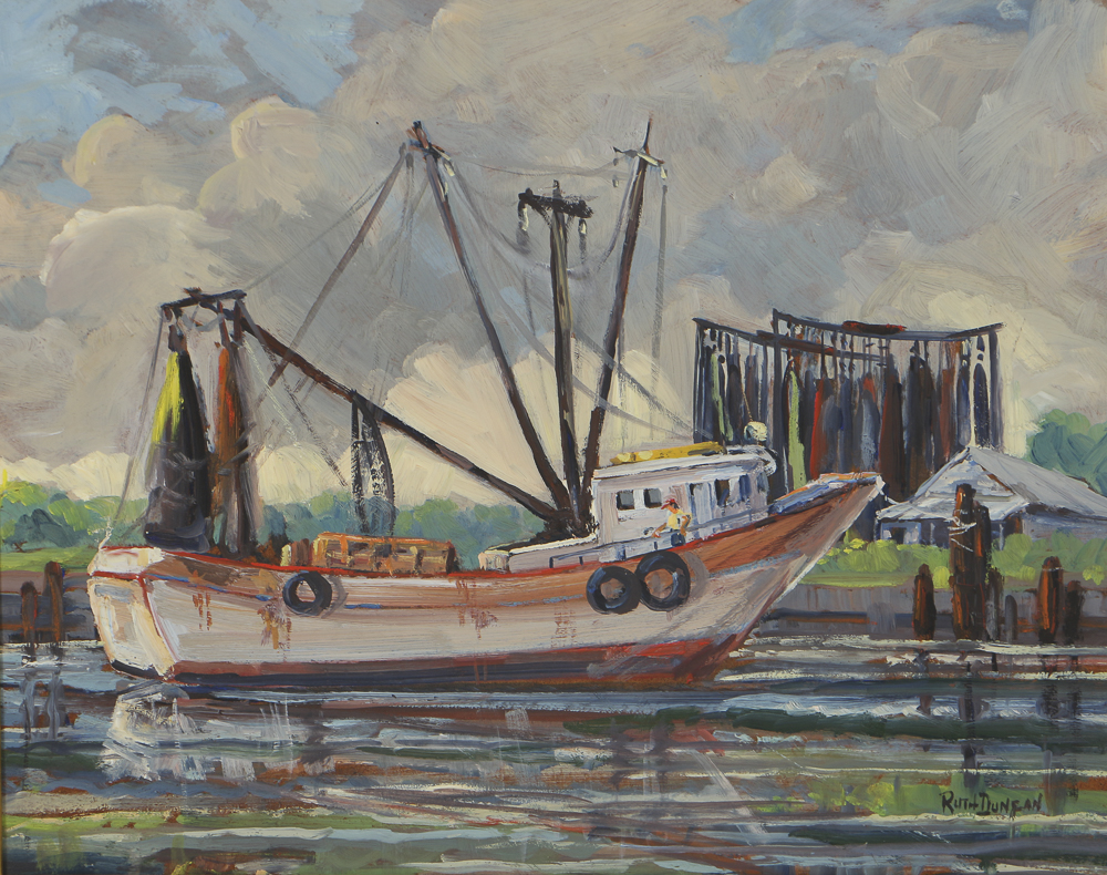 Ruth Duncan Oil Painting on Board "Nets Drying on Aransas Pass"