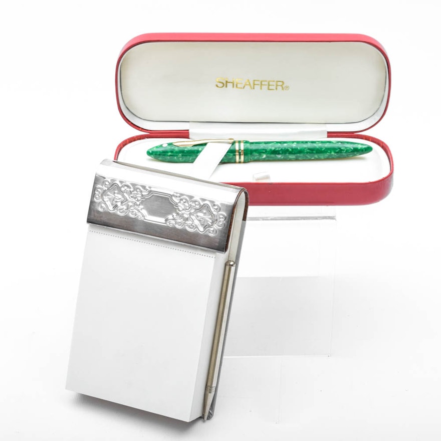 Sheaffer Fountain Pen and Gorham Silver Plated Notepad