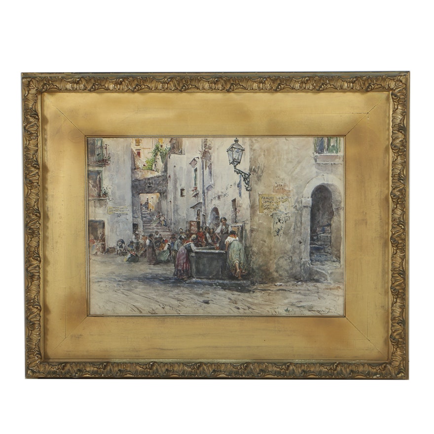 Early 20th-Century Continental Watercolor Painting on Paper Street Scene