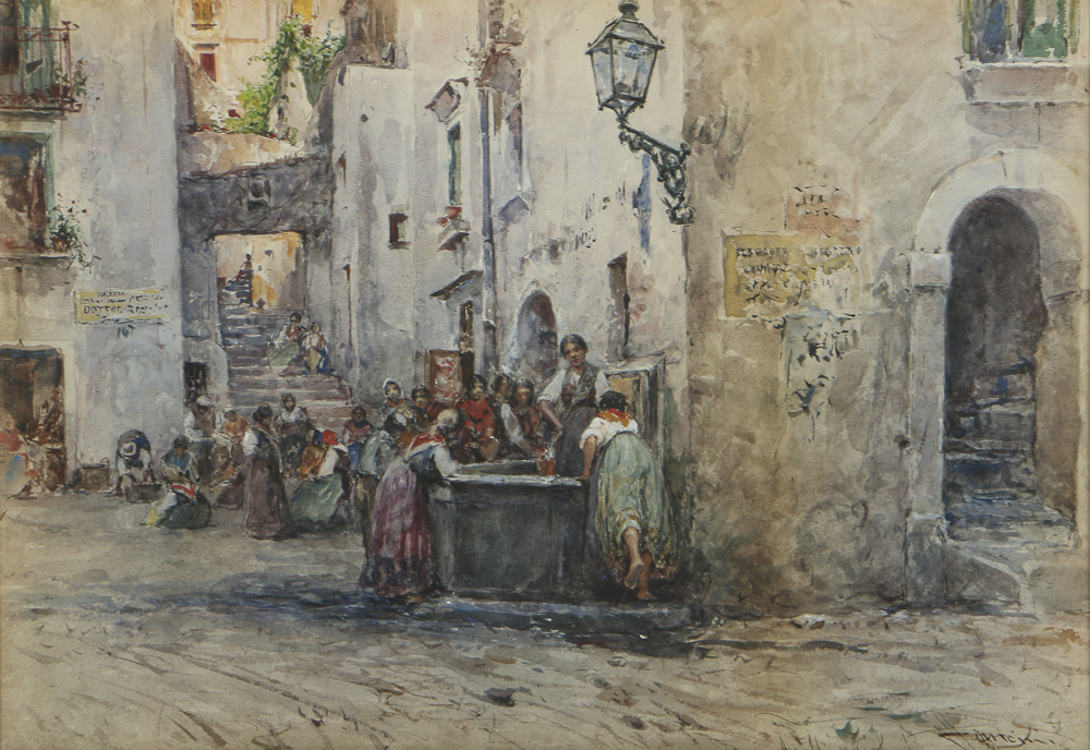 Early 20th-Century Continental Watercolor Painting on Paper Street Scene