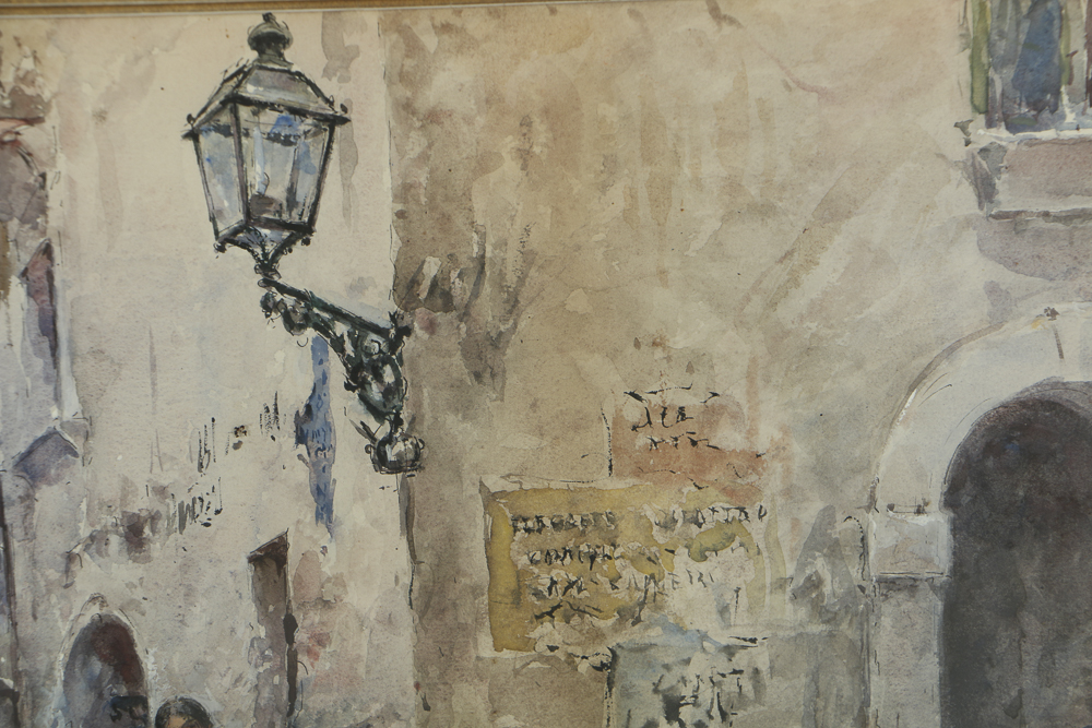 Early 20th-Century Continental Watercolor Painting on Paper Street Scene