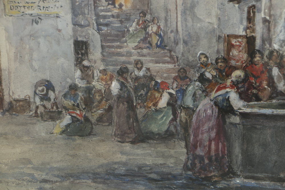 Early 20th-Century Continental Watercolor Painting on Paper Street Scene