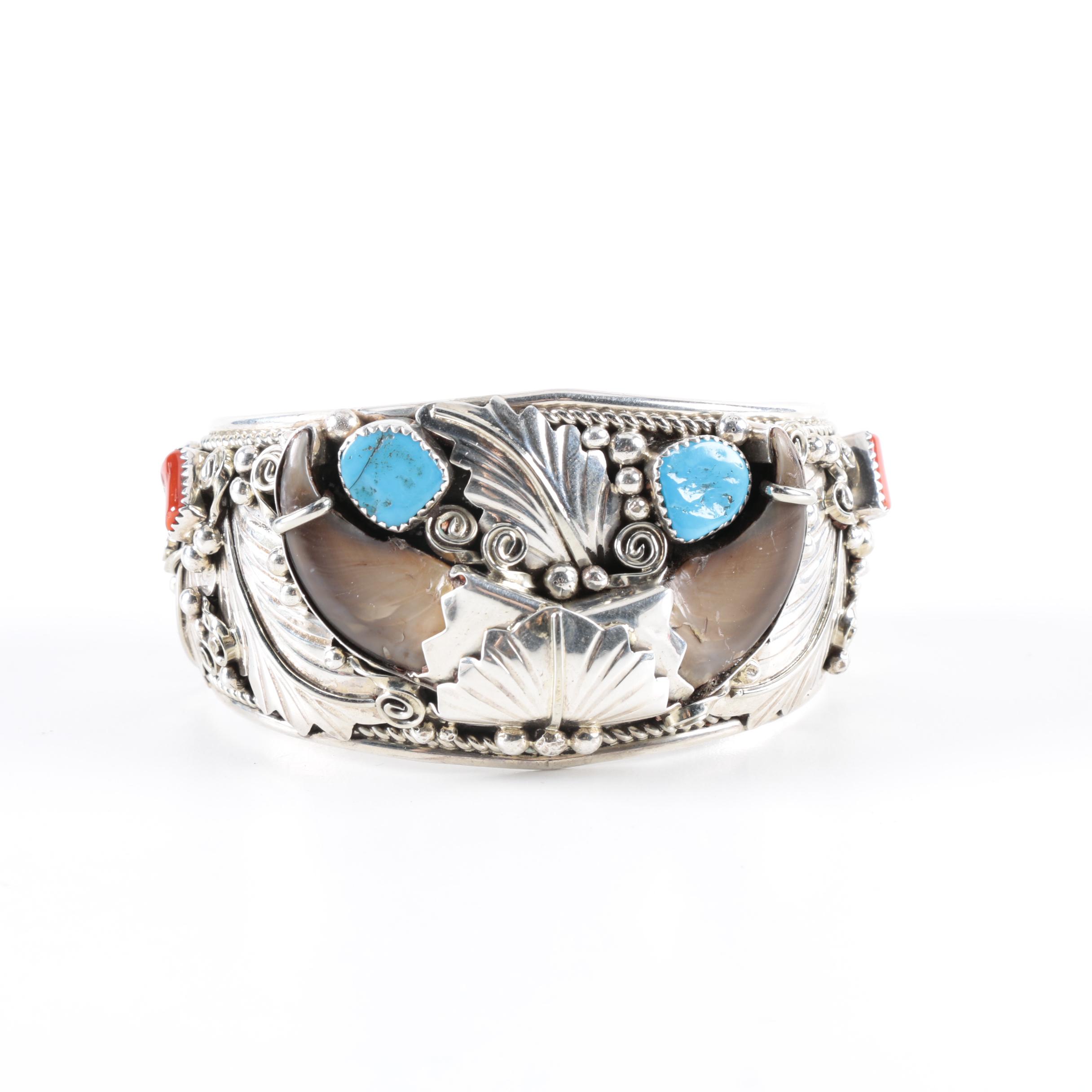 Gary Edwards Navajo Diné Sterling Silver Cuff Bracelet with Black Bear Claw