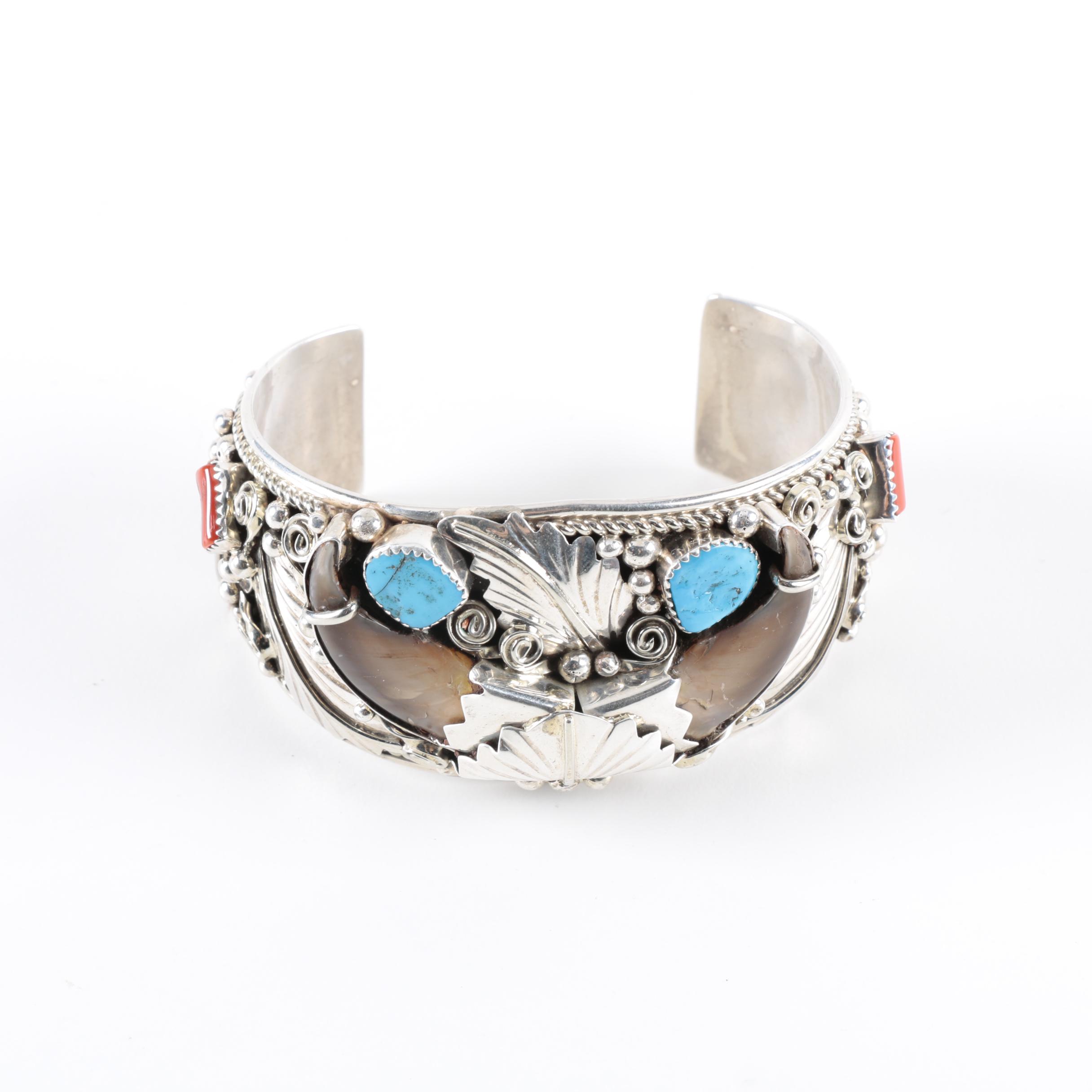 Gary Edwards Navajo Diné Sterling Silver Cuff Bracelet with Black Bear Claw