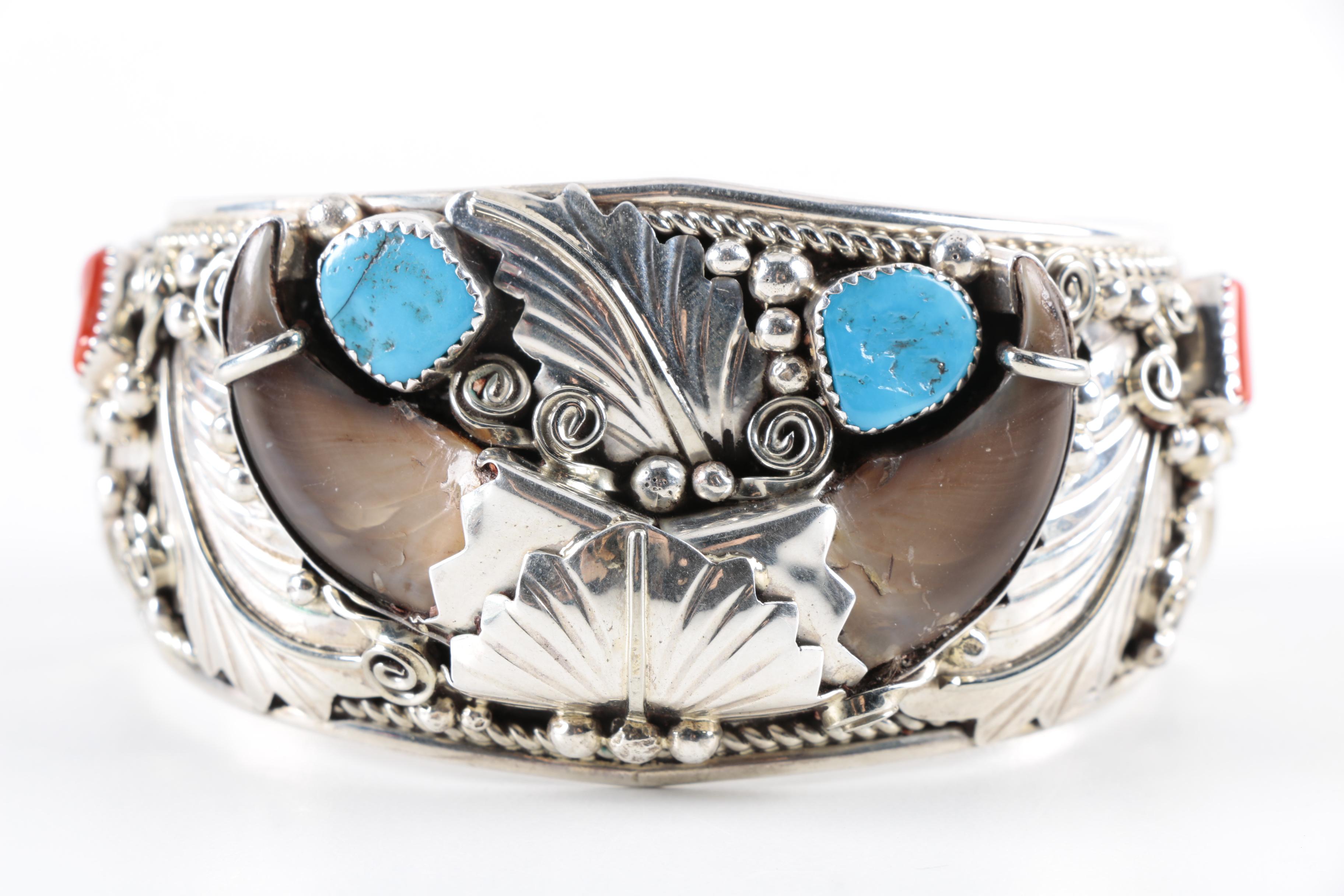 Gary Edwards Navajo Diné Sterling Silver Cuff Bracelet with Black Bear Claw
