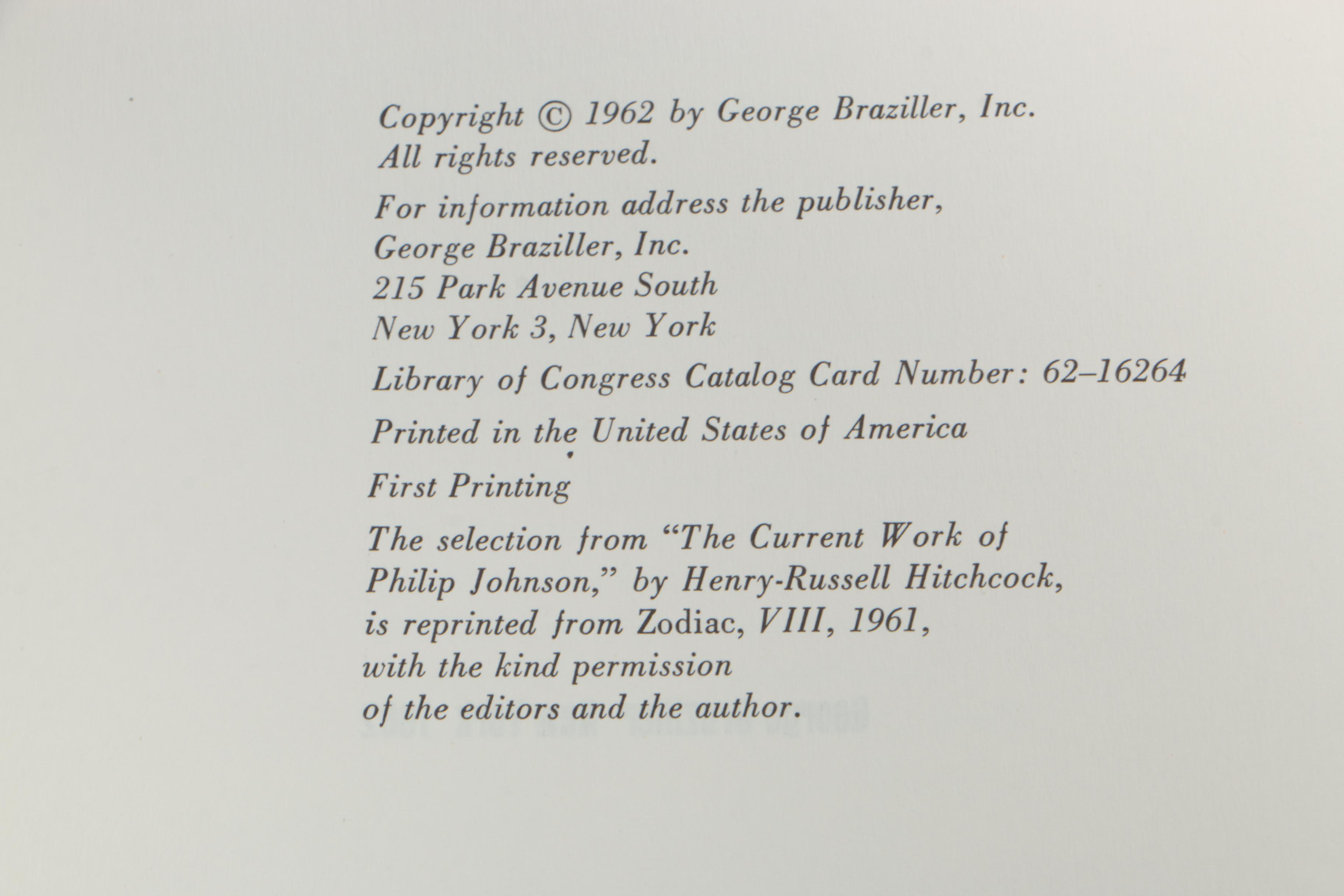 1962 Signed "Philip Johnson" by John M. Jacobus, Jr.