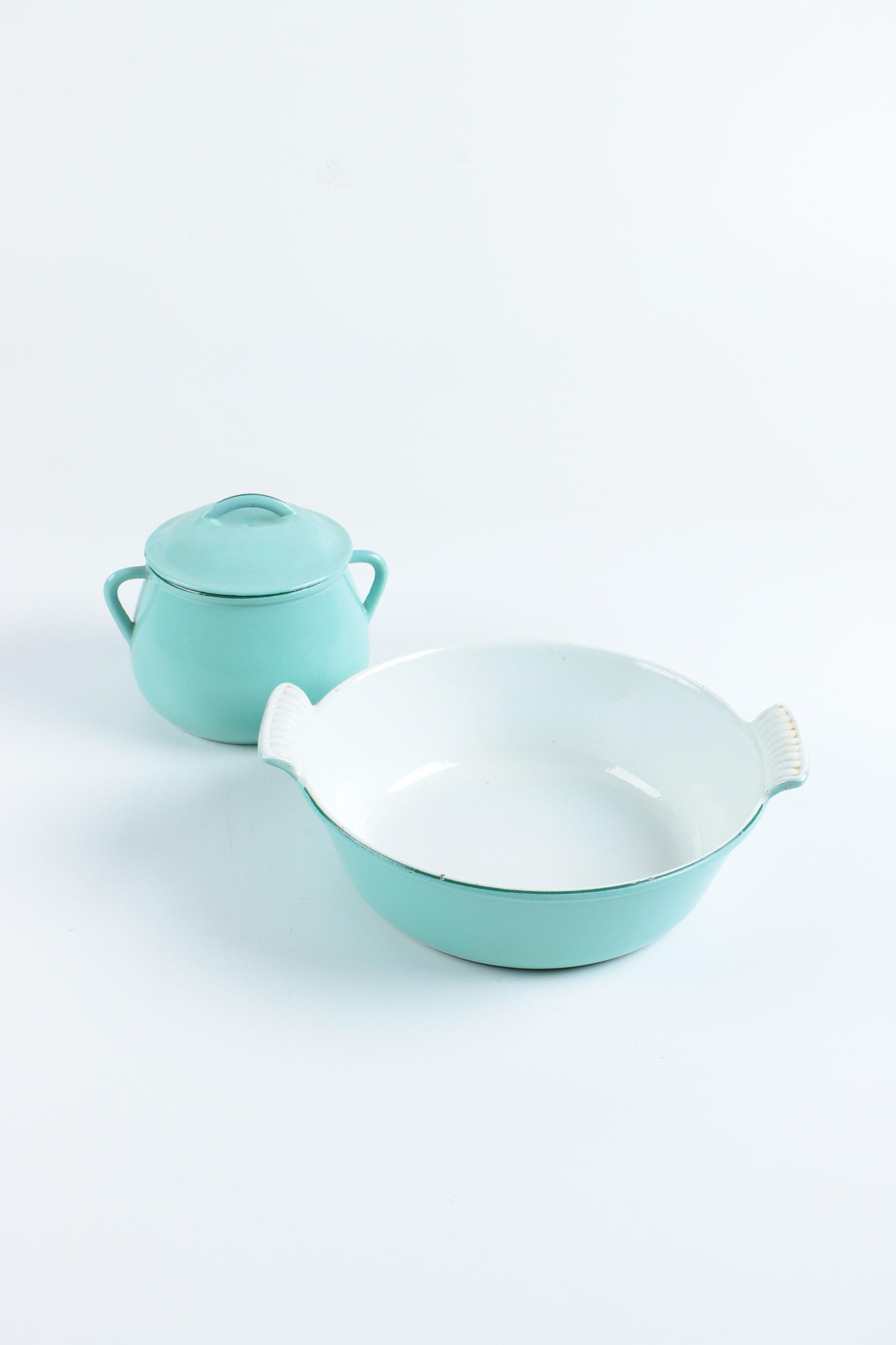 Vintage Enameled Cast Iron Baking Dish and Pot