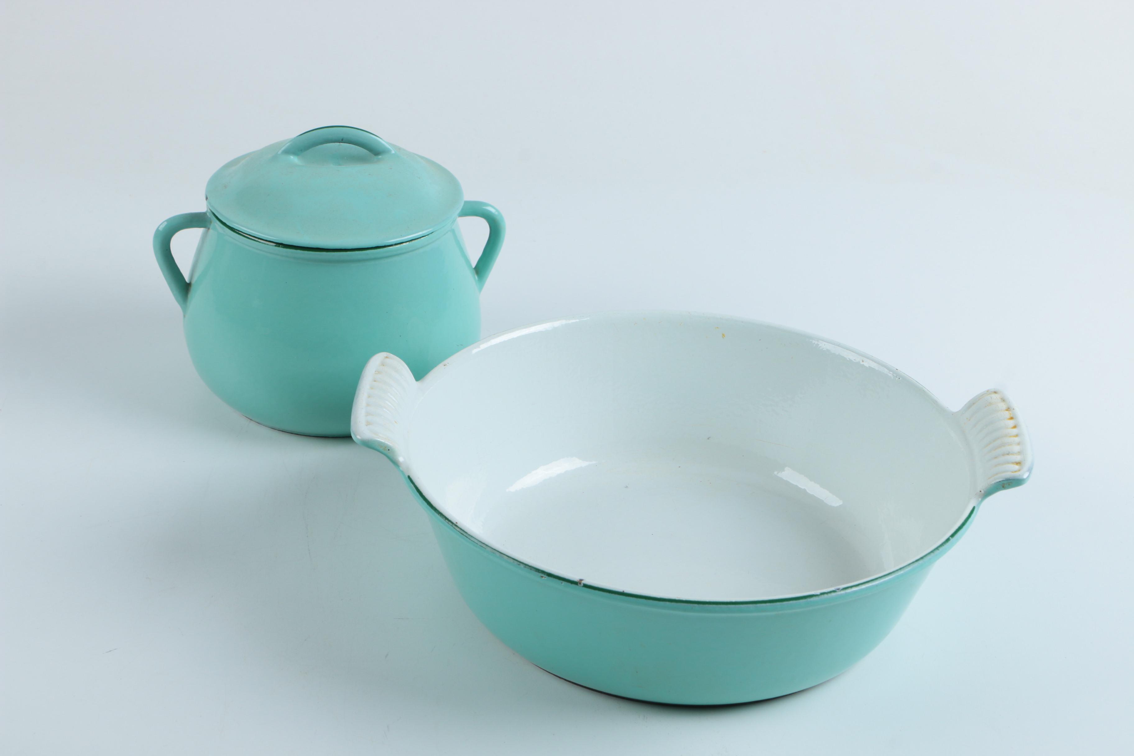 Vintage Enameled Cast Iron Baking Dish and Pot