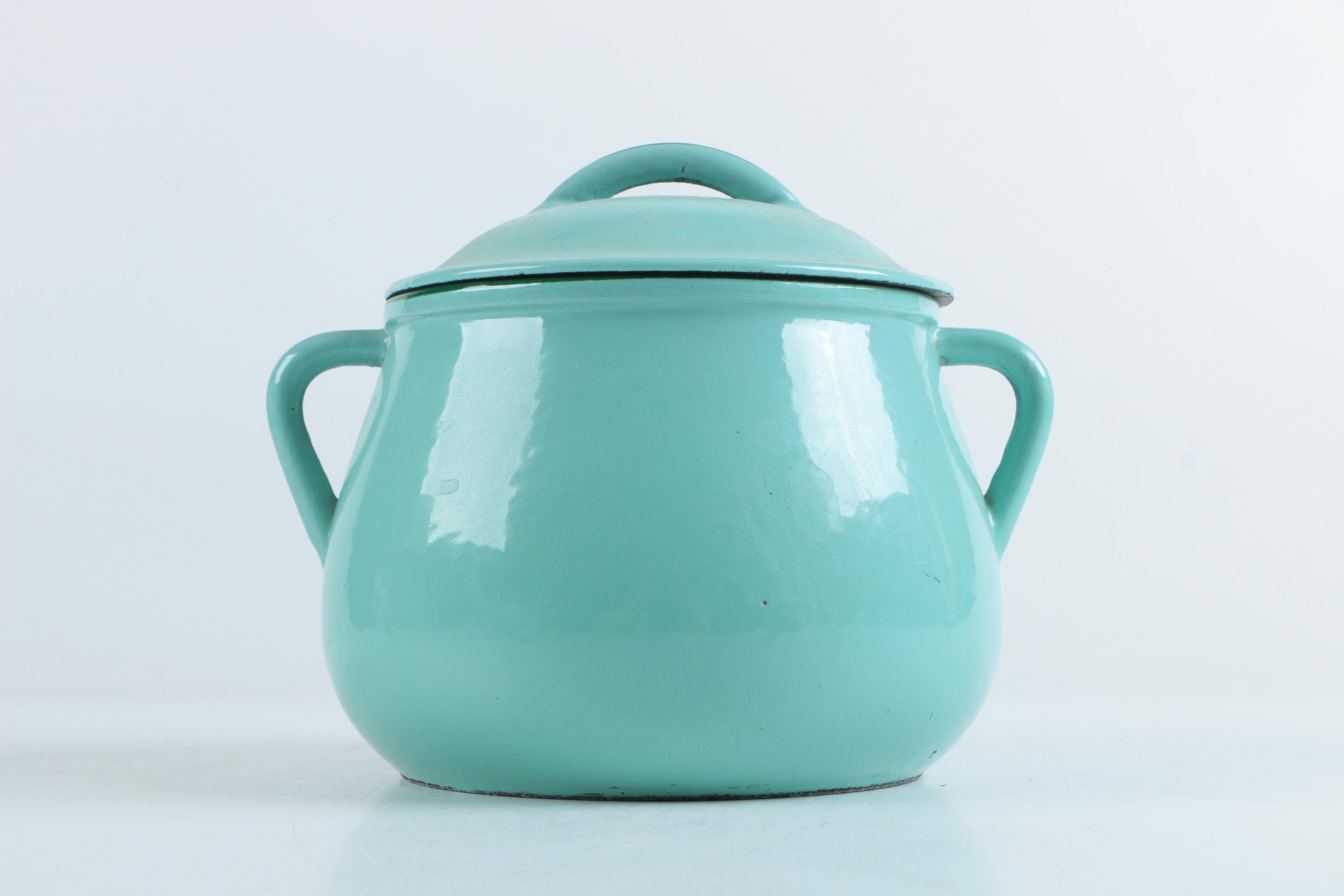 Vintage Enameled Cast Iron Baking Dish and Pot