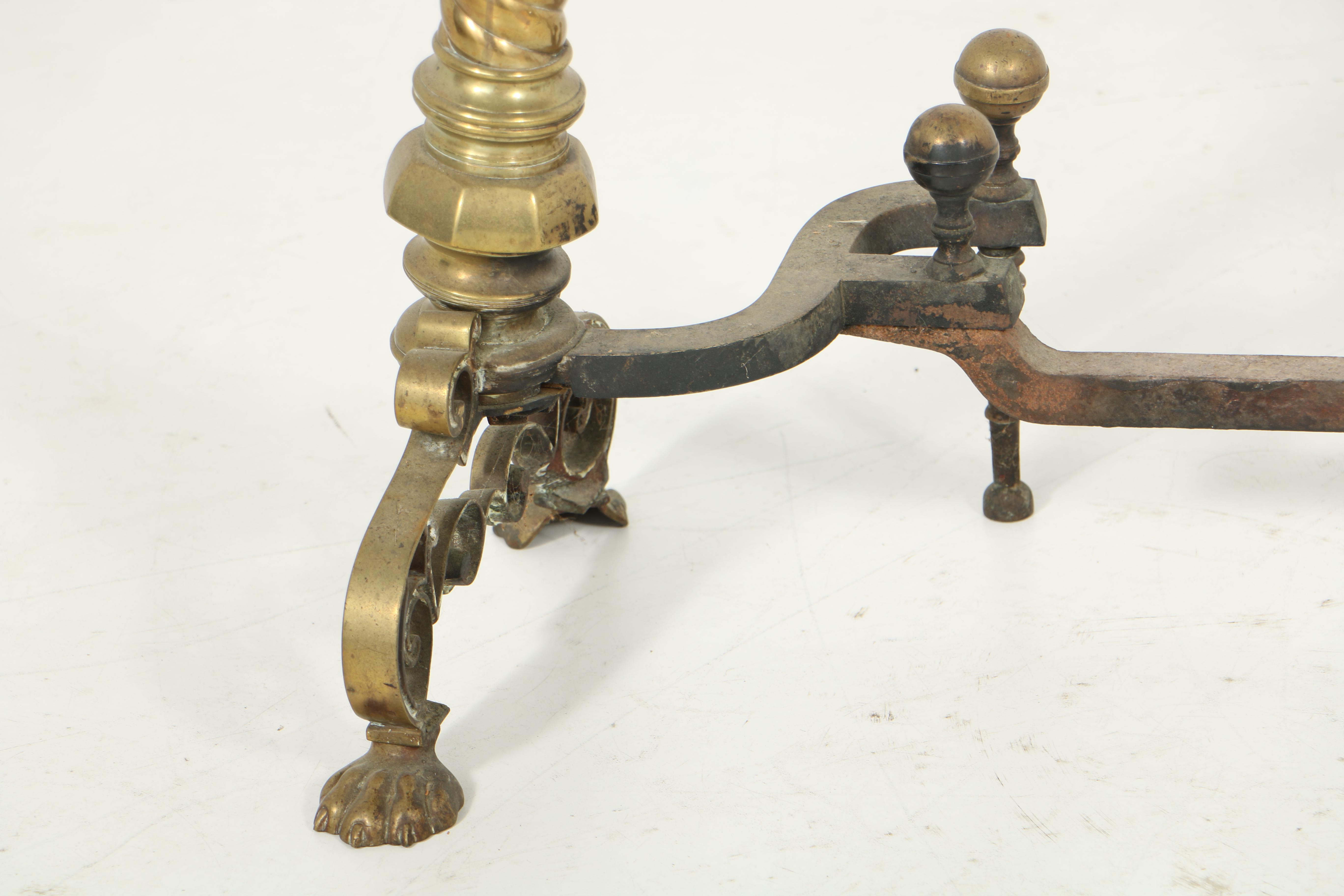 Antique Spiraled Brass Andirons with Lion Paw Feet