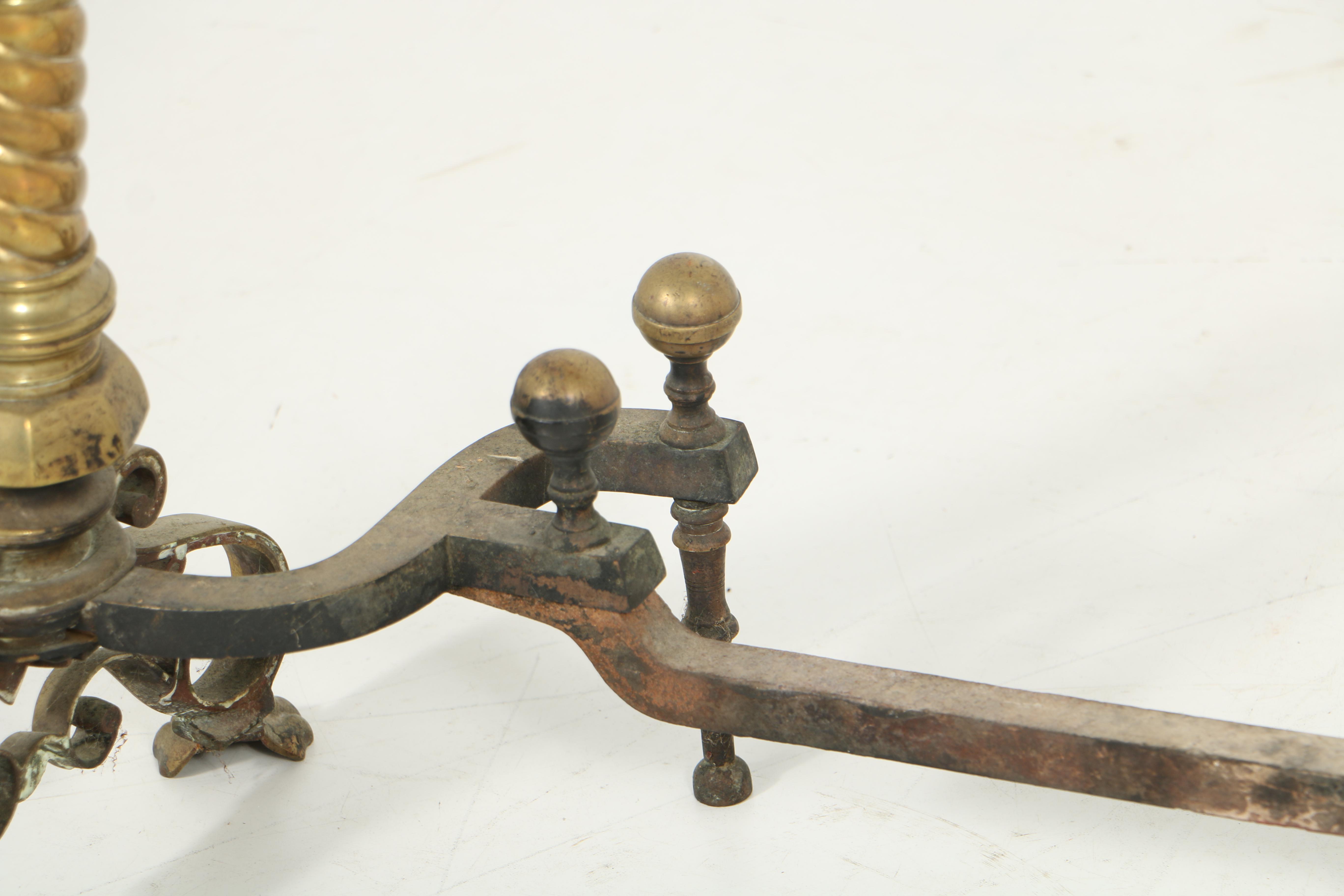 Antique Spiraled Brass Andirons with Lion Paw Feet