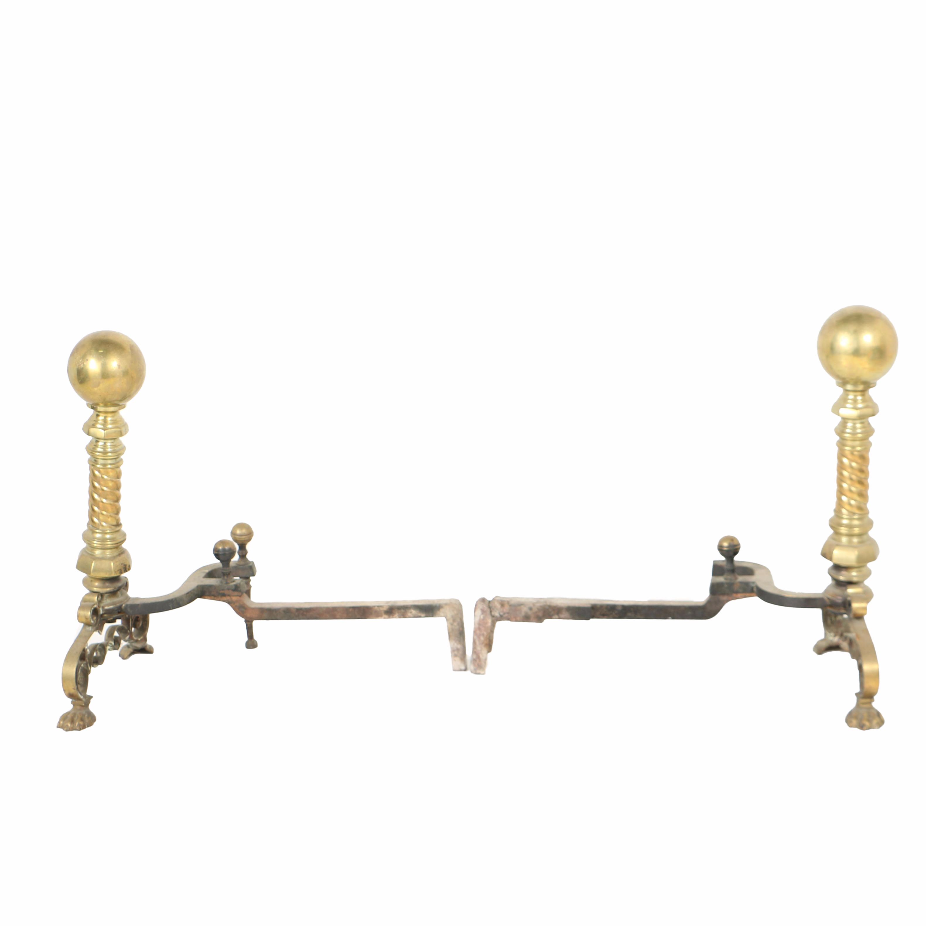 Antique Spiraled Brass Andirons with Lion Paw Feet