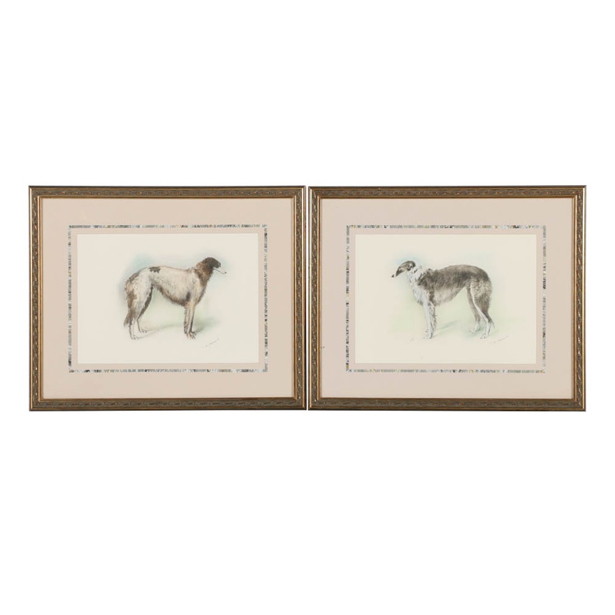 Pair of Mixed Media Drawings of Paper Depicting Borzoi Dogs