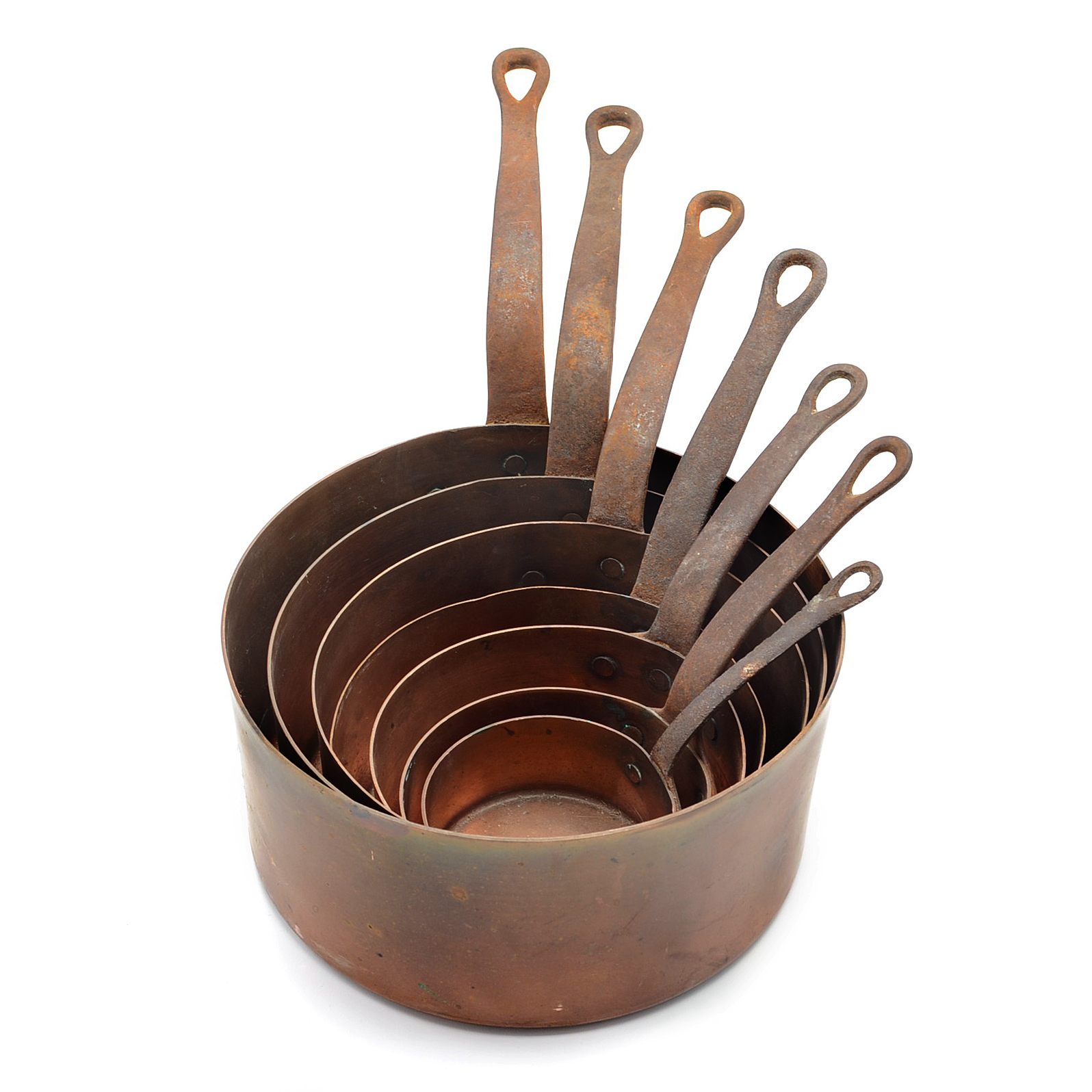 Set of Seven Copper Pots Graduating in Size