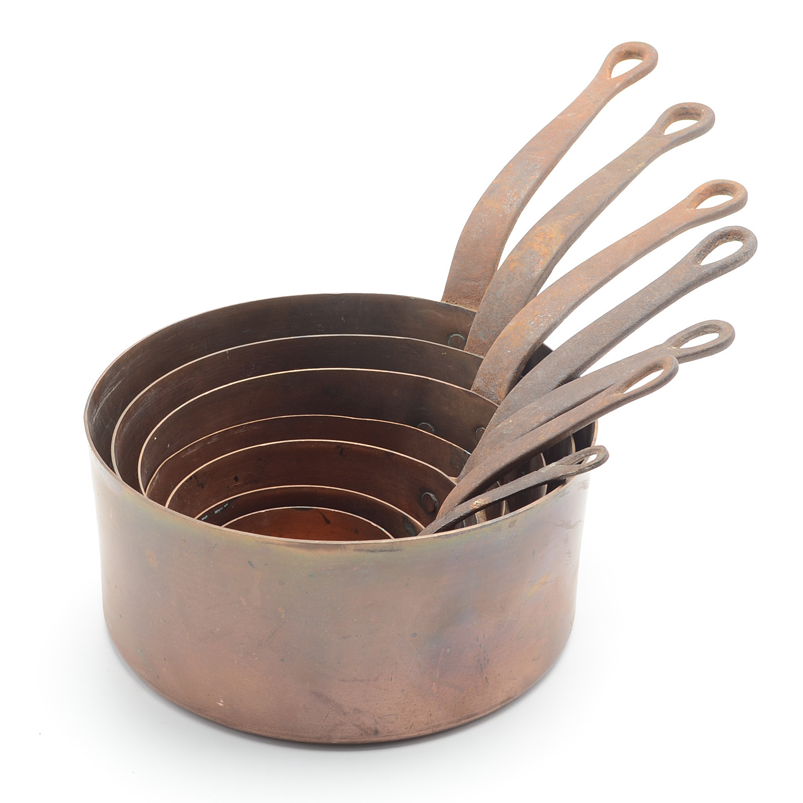 Set of Seven Copper Pots Graduating in Size