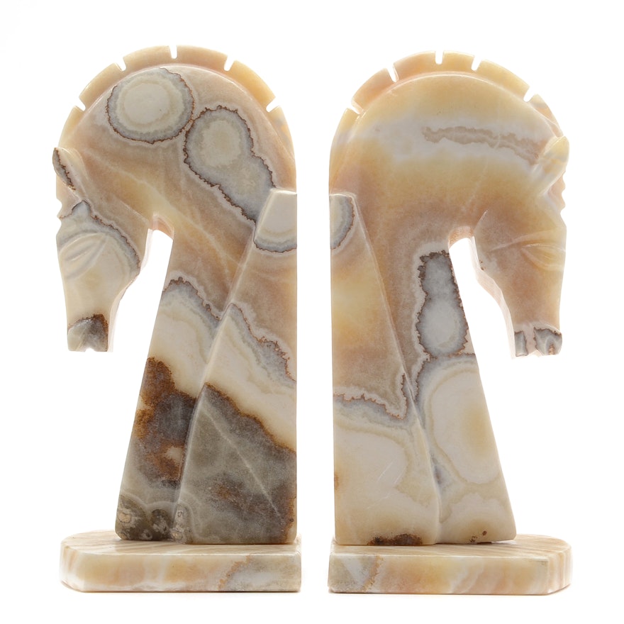 Pair of Banded Calcite Horse Head Bookends